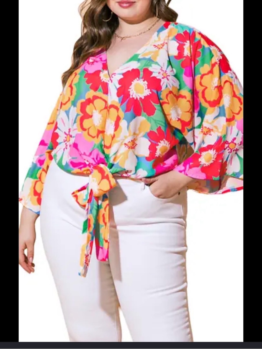 Flying Tomato Multi-Color Floral Tie-Front Blouse